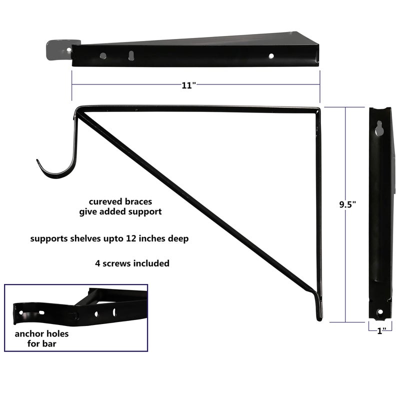 Harrier Hardware Premium Heavy Duty Closet Shelf and Rod Bracket, Black, 3-Pack - Image 2